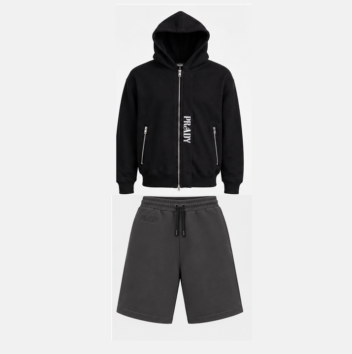 Black Heavyweight Hoodie + Grey Scuba Shorts